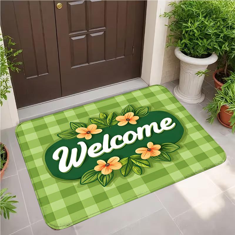 Green Gingham Welcome Doormat Fresh Checkered Pattern with Yellow Flowers Non Slip Floor Mat for Cottage Style Home