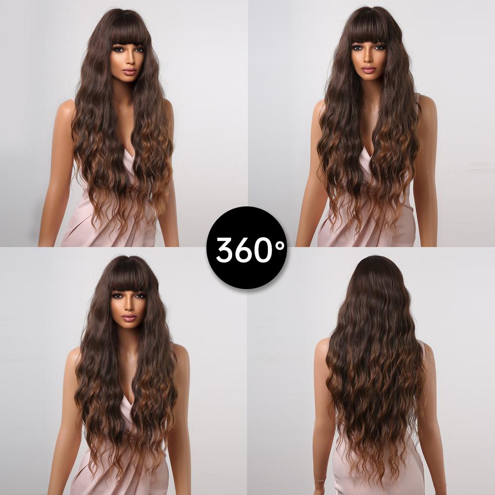 Ombre Темно-коричневые вьющиеся парики с челкой для чернокожих женщин Длинные волнистые синтетические волосы для косплея Парик Термостойкое волокно Афро-повседневный парик