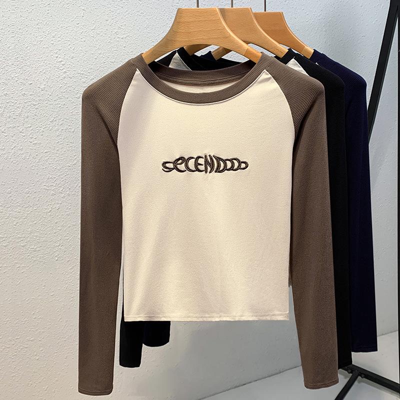 Женский осенне-зимний круглый вырез, контрастные цвета, длинный рукав, тонкий прошитый топ