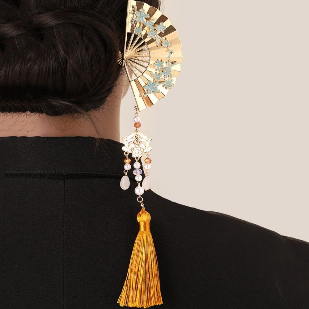 U Shaped Hair Sticks Forks Retro Chinese Fan Shaped Simple Hairpins Side Clips Pearls Pendant Hair Jewlery for Woman Girls