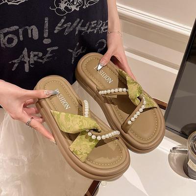 Новые Изысканные Женские Повседневные Шлепанцы Летние Жемчужные Французские Крутые Шлепанцы Носить Толстую Подошву Фея Увеличение Роста Пляжные Шлепанцы
