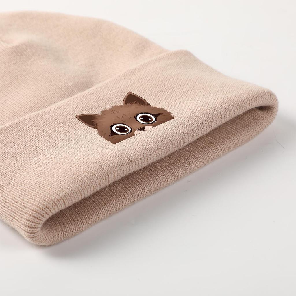 Peeping Cat Print Knitted Hat Beanie, Animal Woman Cap Lightweight Cancer Chemo Trendy Pompom Beanies Knit Cap Beanie