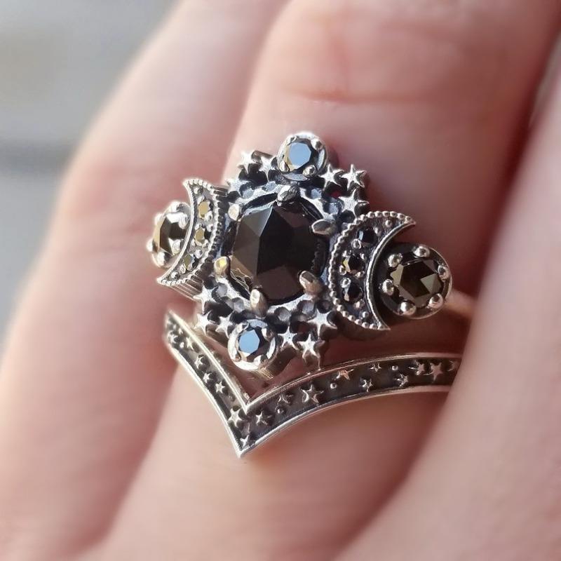 New Gothic Universe Moon Ring Set for Women Vintage Creative Pentagram Black Party Vacation Jewelry Halloween birthday Gifts