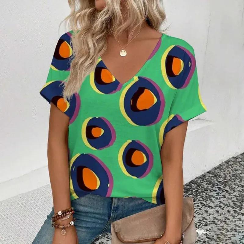 Женская футболка высокого качества с v-образным вырезом в стиле ретро, ​​футболка с золотым ожерельем и узором, модная футболка с принтом, женская футболка с короткими рукавами