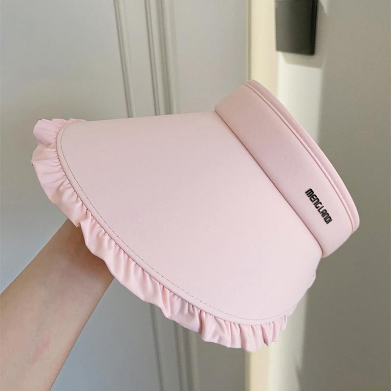 Summer Empty Top Hat for Women Ruffle Brim Solid Color Large Brim Sunscreen UV Protection Ponytail Cap Girls Travel Outdoor Hat