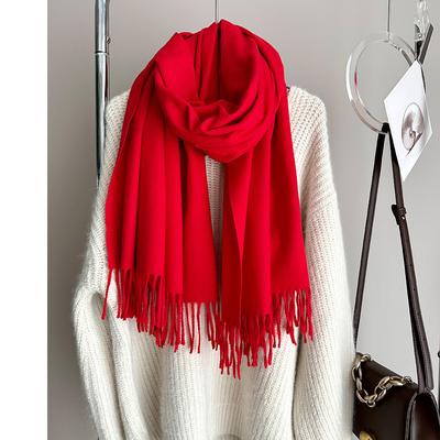 Женский однотонный мягкий шарф с бахромой, зимний теплый удобный шарф из искусственной пашмины и шаль для женщин, рождественский модный шарф красного цвета