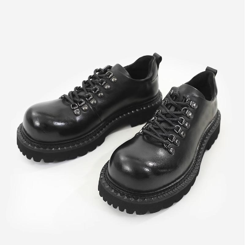 Fashion Shoe Shoes for Men Loafers High Sense Versatile Commuting Leather Round Head Shoes Black Thick Soled Casual Leather Shoes