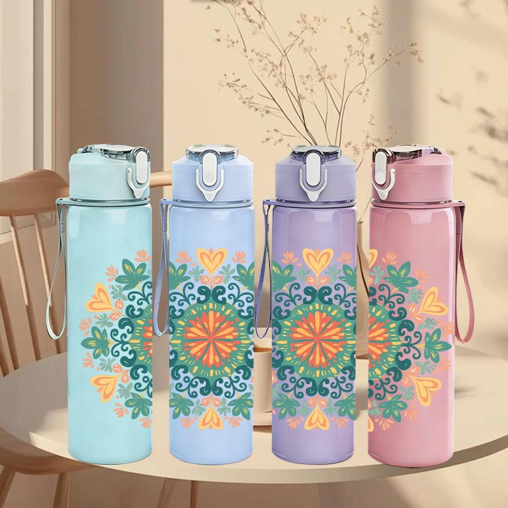 1PC Soft Tone Mandala Pattern 750ml Color Plastic Sports Water Bottle Leakproof Flip Straw Lid Suitable for Sports Office Home Use