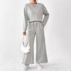 2 Pcs/Set Women Top Pants Suit Round Neck Long Sleeves Textured Solid Color Sweatshirt Elastic Waist Wide Leg Trousers Daily Wear Sport Outfit