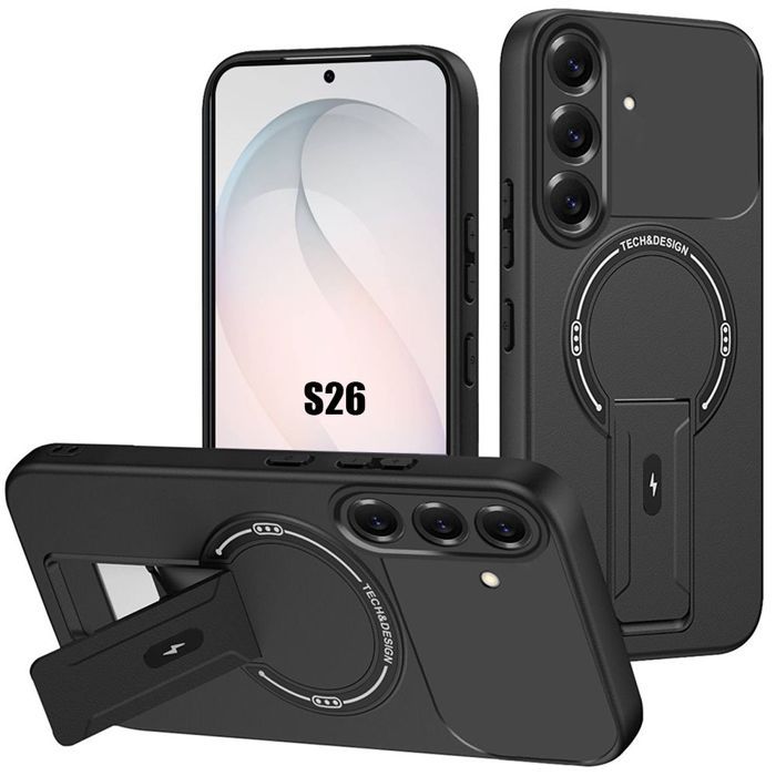 Coque Support - BOOLING - pour Samsung Galaxy S26 - Silicone Antichoc avec Cercle Magnétique - Noir