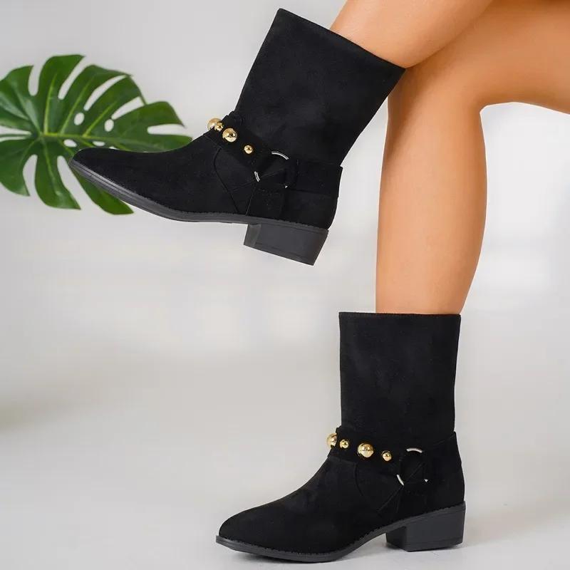 Fashion Fashion Pointed Toe Ladies Shoes 2024 Comfortable and Versatile Black Suede Women's Mid Calf Boot Casual Large Size Square Heels