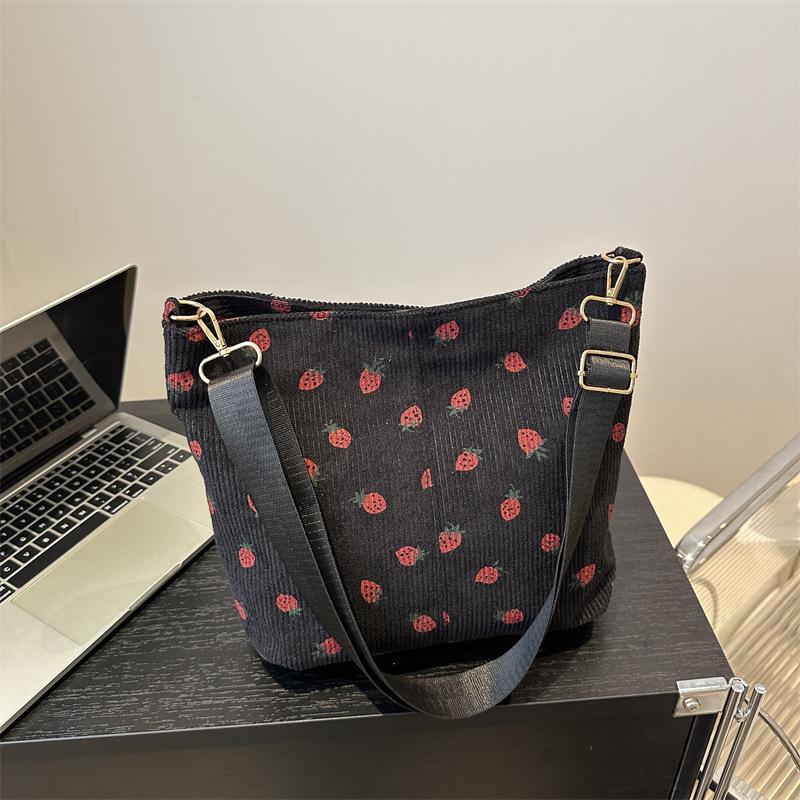 Popular Corduroy Strawberry Printed Bag Women'S Summer Shoulder Messenger Bag Bucket Bag