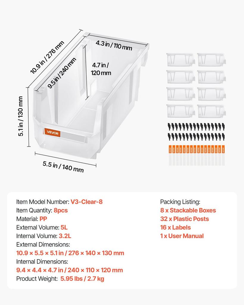 Plastic Stackable Storage Bins, 27.6 x 14 x 13 cm (8 Pack), Plastic Containers for Organizing & Storage Bins for Closet, Garage, Small Parts, Office