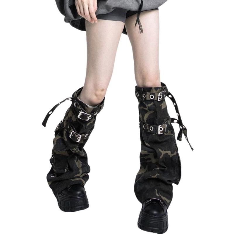 Womens Harajuku Punk Camouflage Denims Flared Leg Warmer Buckled Eyelets Straps Cargo Leg Cover Stockings Streetwear