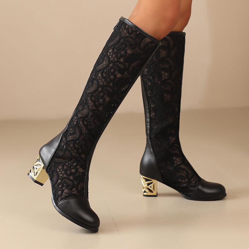 Q/Women's High-heeled Boots, Sexy European and American Style, Thick Heels, Lace Patchwork, Oversized Hollow Out Cool Boots