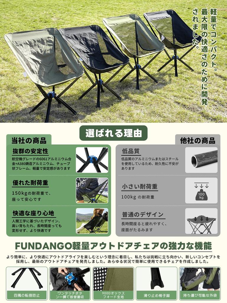 Fundango Outdoor Camping High Load Capacity Sports Black Chair, Compact, Foldable, Lightweight, One-touch Chair, Back, Portable, Simple, 150kg, Day,