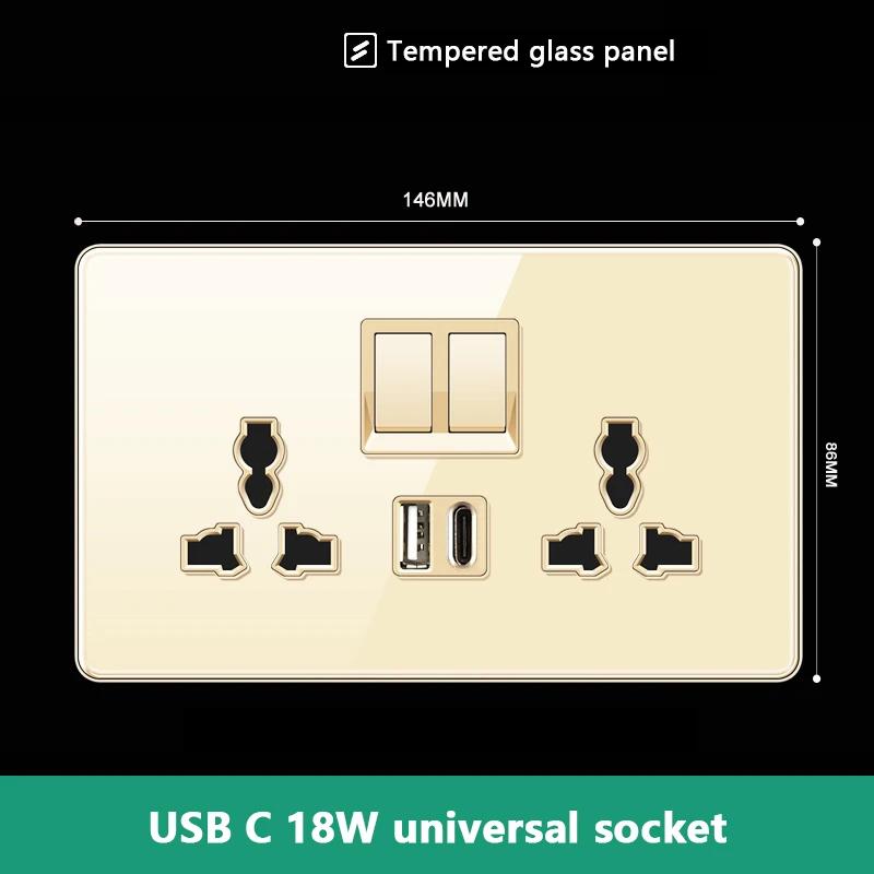 UK 13A Wall Socket with Type-C 18W Fast Charging Plug Socket,Glass Panel Power Double Universal Outlet with Quick USB C Charge