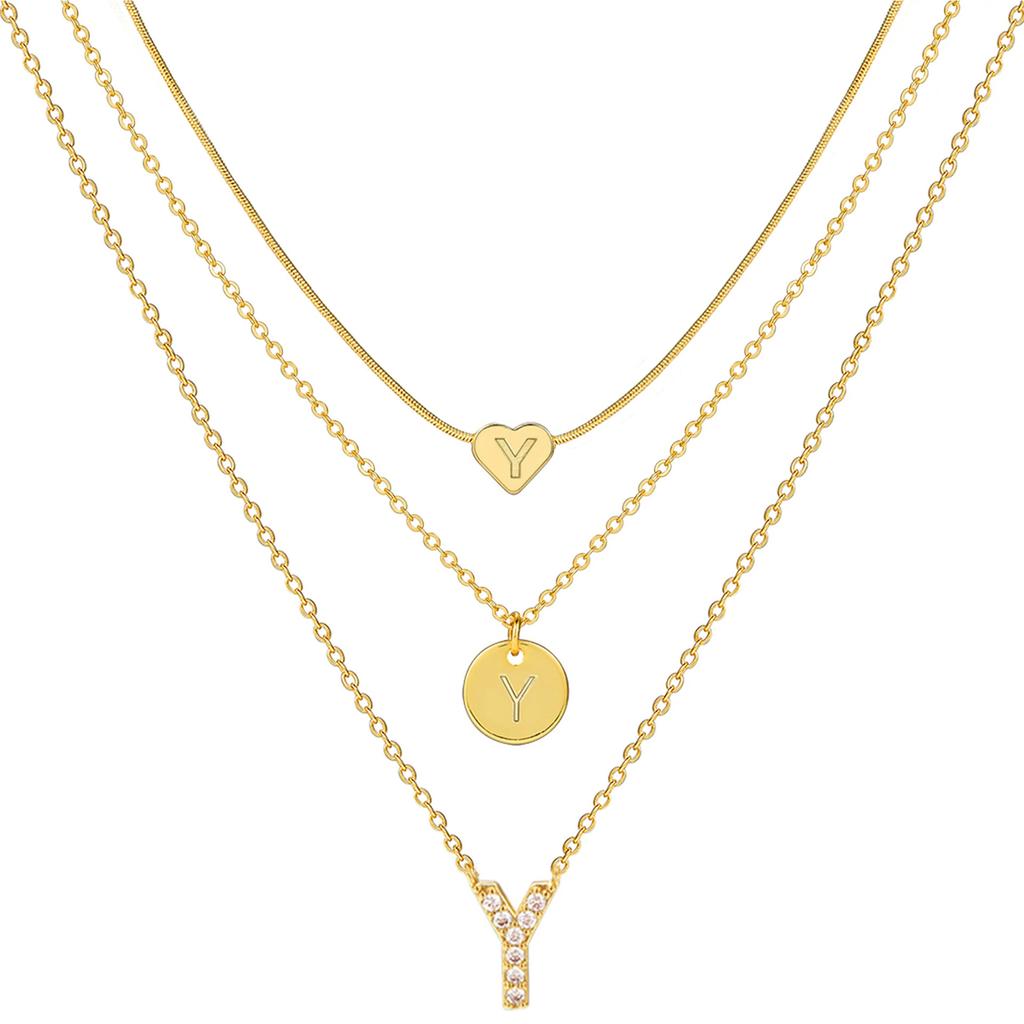 17KM 3 Pcs Plated Heart Initial Necklace Sets for Women Fashion Multilayer Letter Choker Necklaces Copper Metal Jewelry Gift
