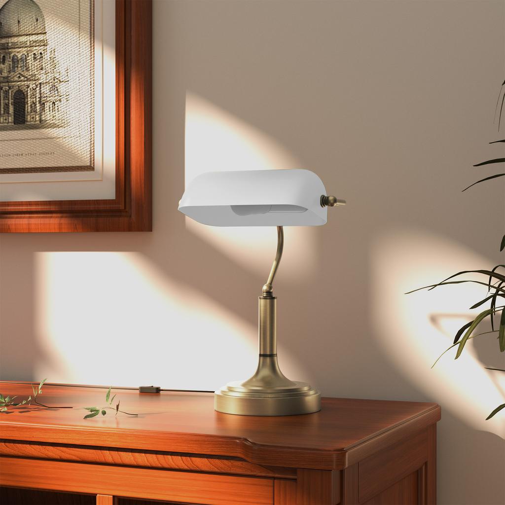 Banker Desk Lamp, Adjustable Shade, Rocker Switch, White