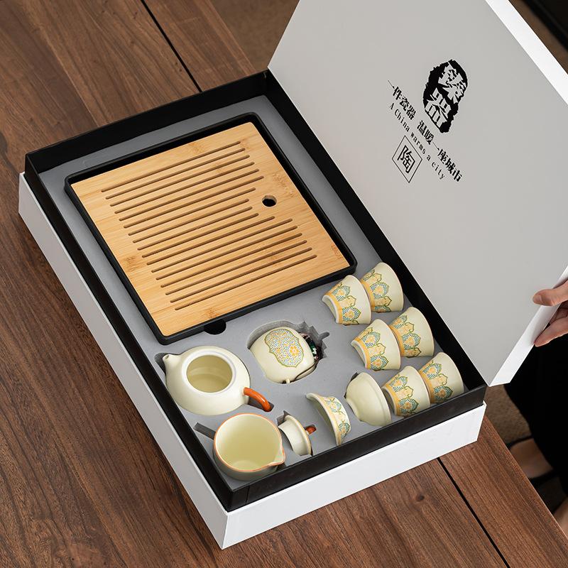 Tea set, advanced hand gift, Ru kiln high value ancient rhyme tea with tea tray, tea set gift box can be customized