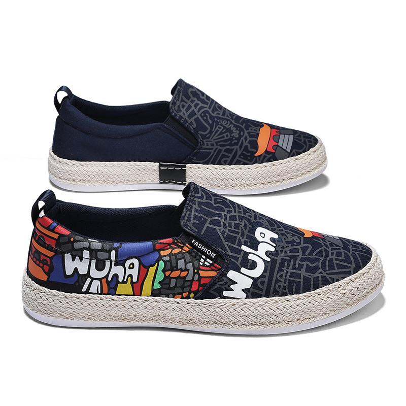 Мода 2022 Черные Летние Слипоны с Принтом Мужские Холщовые Туфли Дышащие Платформа Плоская Подошва Для Мужчин Комфортные Мужские Лоферы Повседневные