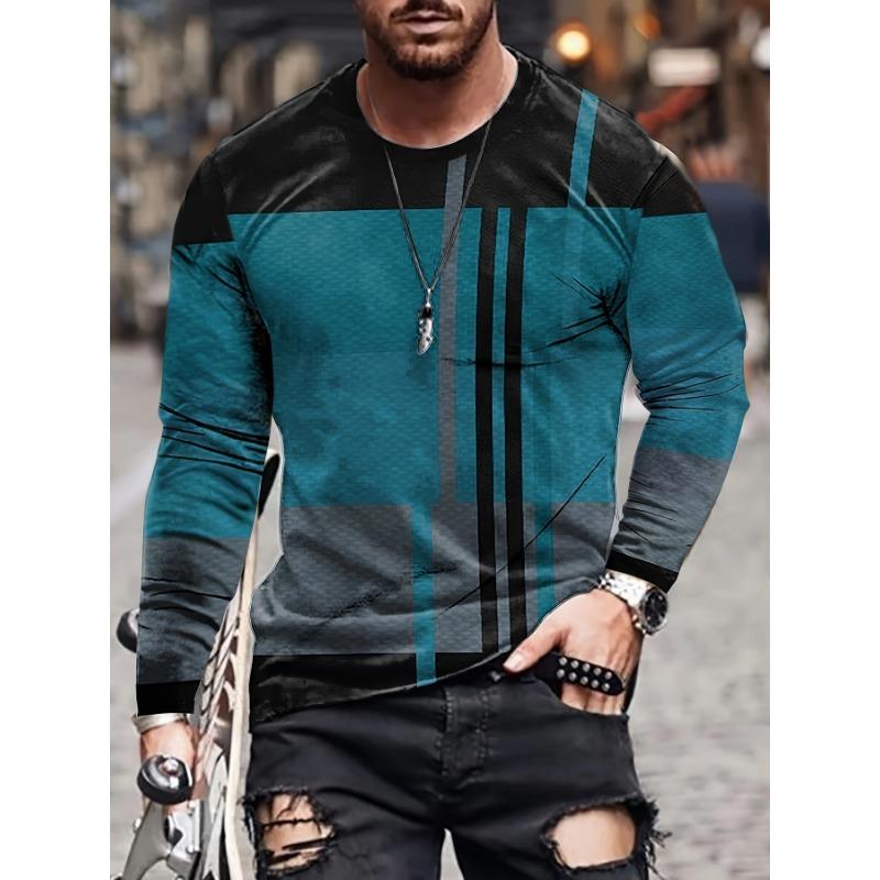 Fashion Men's Irregular Stripe Pattern Round Neck Long Sleeve Fashion T Shirt Spring And Autumn Outdoor Sports Top T Shirt