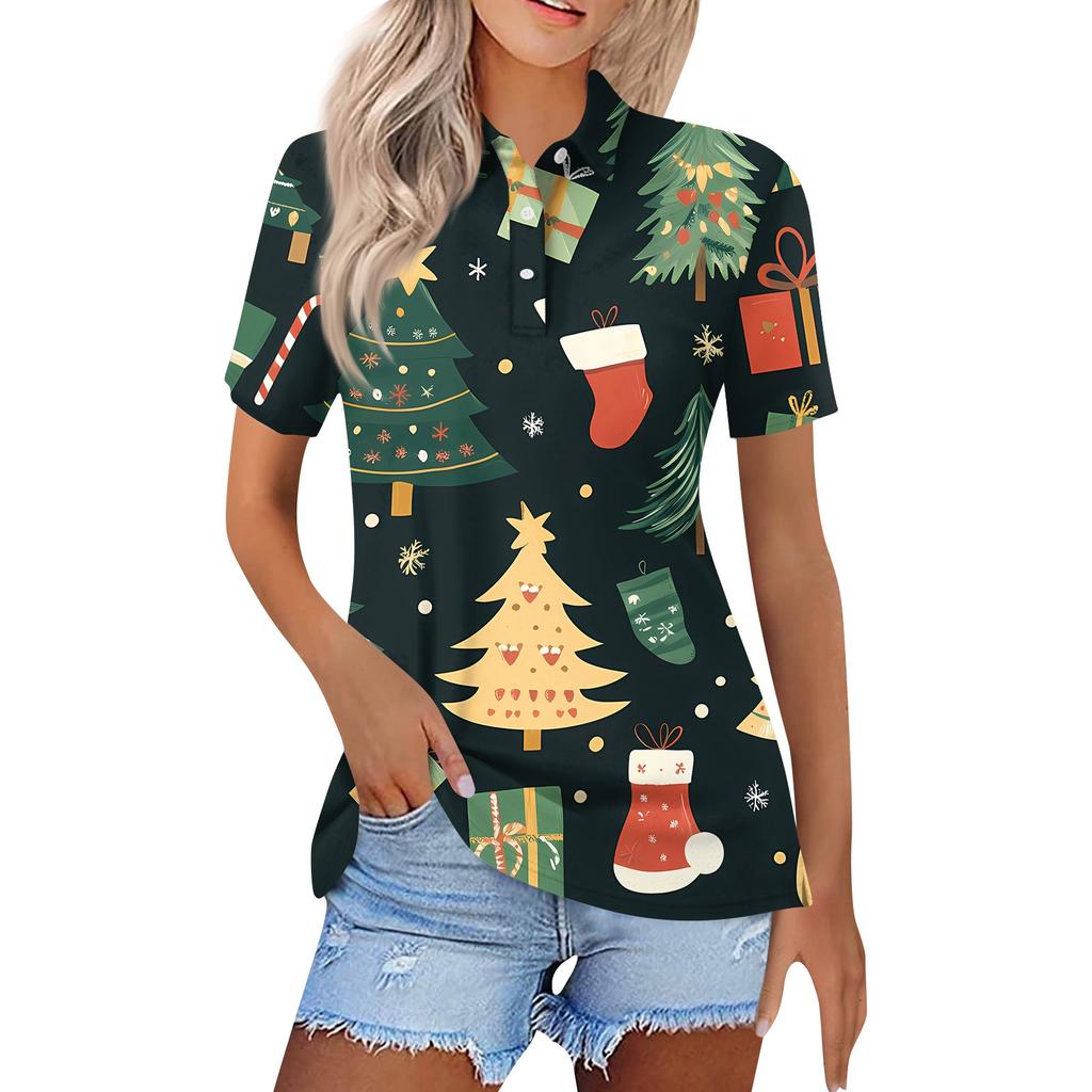 Женская модная повседневная рубашка с лацканами и короткими рукавами с рождественским принтом, женские топы на пуговицах