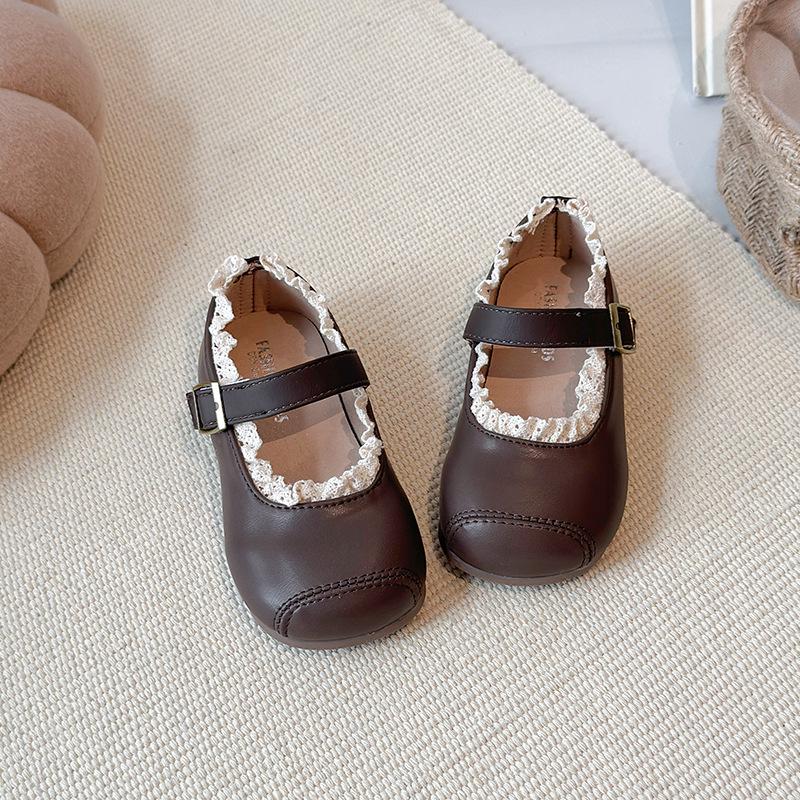 Весна 2026 Детские кожаные туфли Мэри Джейн с кружевной отделкой - Нескользящие, Мягкая подошва, Туфли для маленьких принцесс