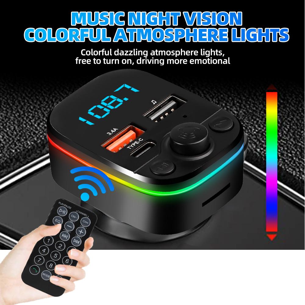 3in1 Car Bluetooth 5.0 FM Transmitter Mp3 Player 3.4A Dual Port USB +Type C PD Fast Charger With Remote Control Ambient Light Wireless Audio Receiver