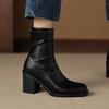 Autumn and Winter Women's High-heeled Leather Boots Solid Color Rubber Sole Versatile Martin Boots Rear Zipper Square Heel Elastic Medium Boots Women