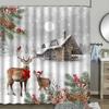 Christmas Shower Curtain, Winter Farm Barn Snowman Animal Moose Berry Christmas Tree Snow Scene Red Bird Bathroom Decoration