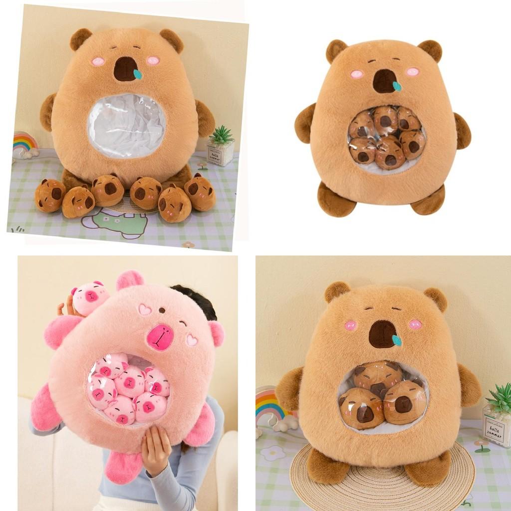Cute Capybara Stuffed Toy Pillow Bag With Six Mini Plushies Stress-relief Dolls