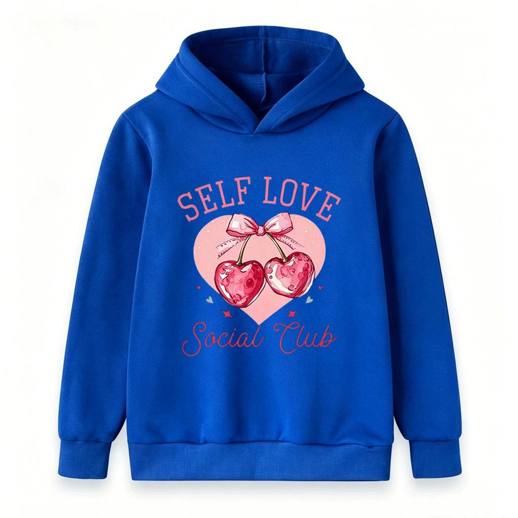 Kids Boys Girls Self Love Social Club Cherry Heart Print Pullover Hoodie Casual Long Sleeve Sweatshirt For Children