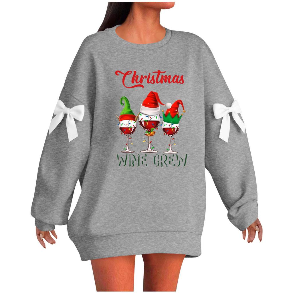 Ladies' Christmas Printed Bow Round Neck Long Sleeved Loose Pullover Sweater Sweatshirt Top
