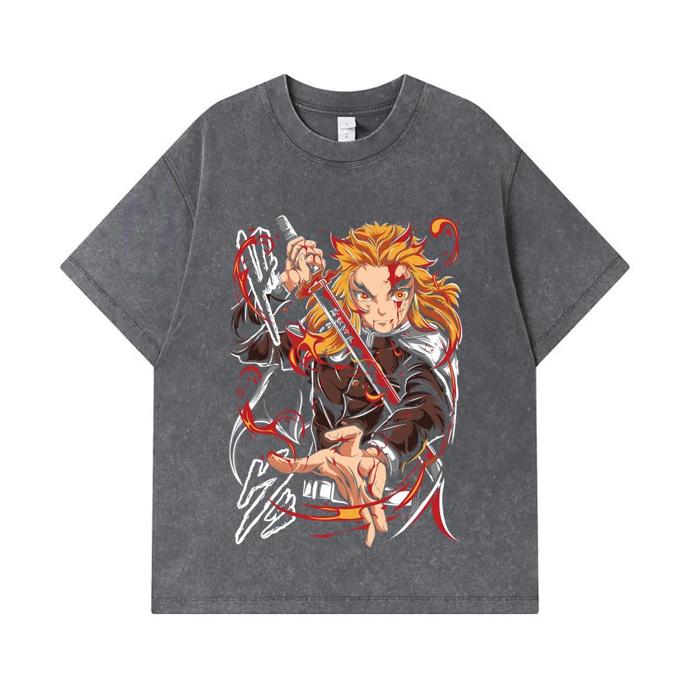 275 GSM Washed T-shirts 100% Cotton Demon Slayer V85 Rengoku Print Unisex Heavy Cotton T Shirt