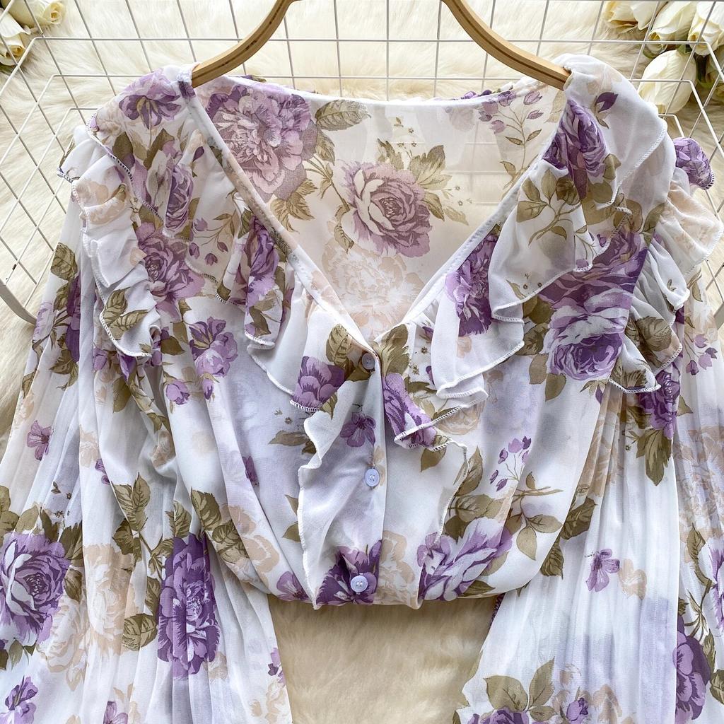 2024 ранняя весна, новый топ, женские милые оборки с v-образным вырезом, плиссированные шифоновые рубашки с рукавами-фонариками и принтом