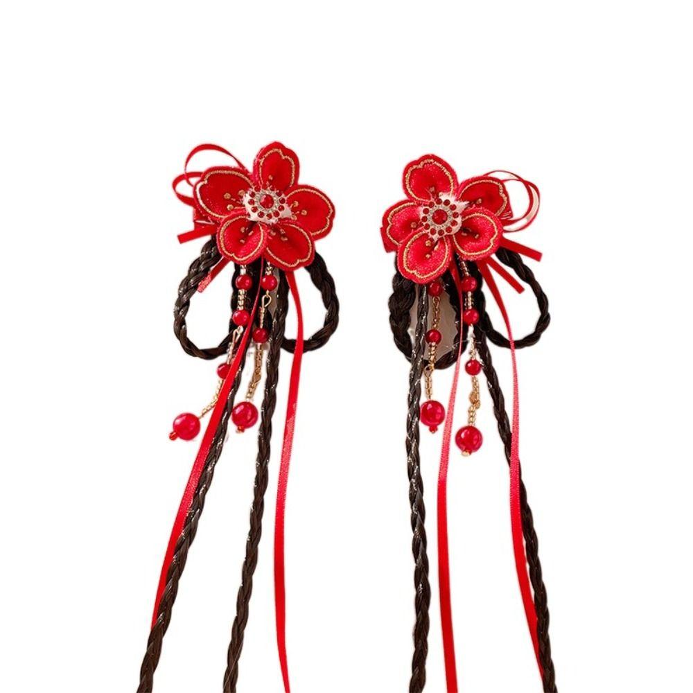 2pcs Hanfu Headdress Children Red Hairclip Flower Tassel Bow Wig Braid Hairpin New Year Headwear