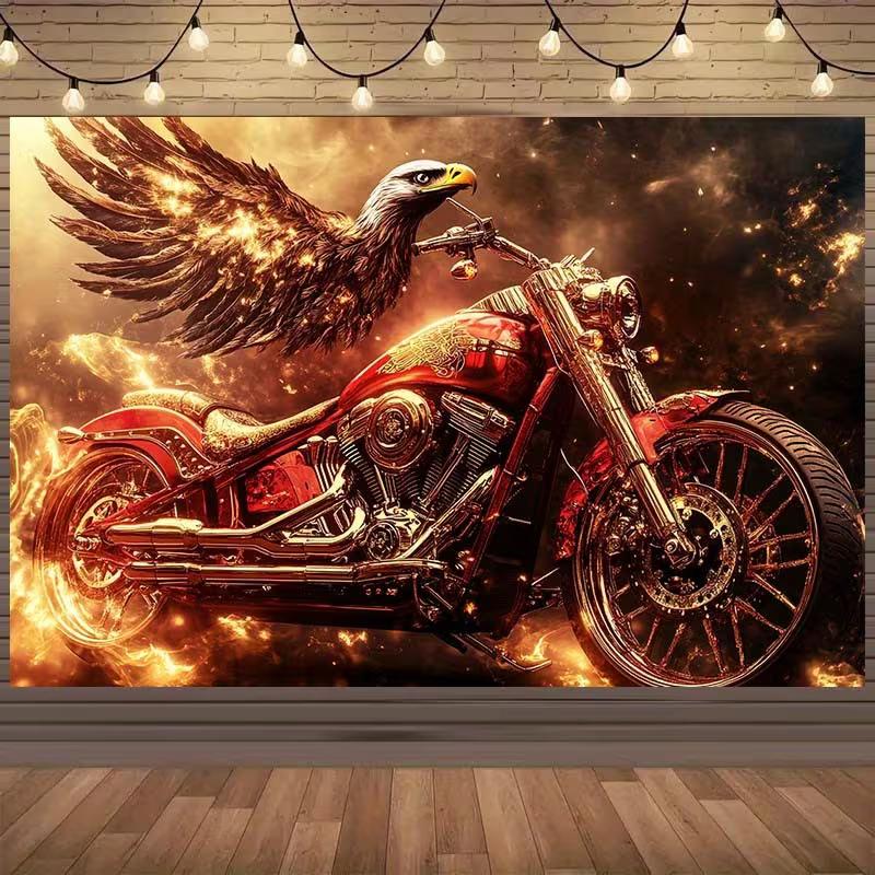 2D Fire Eagle & Motorcycle Backdrop, Cool Biker Themed Photography Background