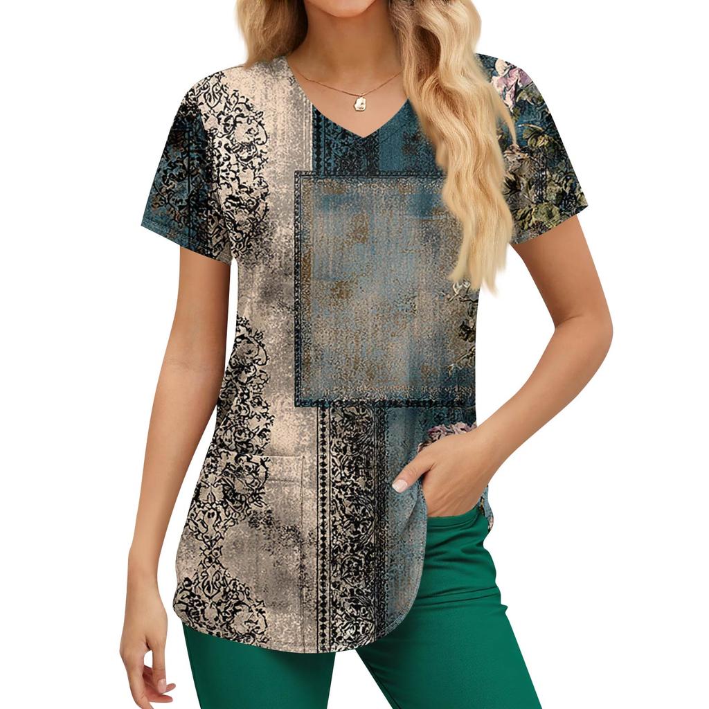Plus Size Printed Scrub Working Uniform Tops For Women's V-Neck Print Short Sleeve Fun T-Shirts Workwear Tee With Pockets