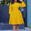 African Women's Long-Sleeve Belted Dress - Elegant Autumn/Winter 2023 Collection, Round Neck, Large Swing, European & American Style