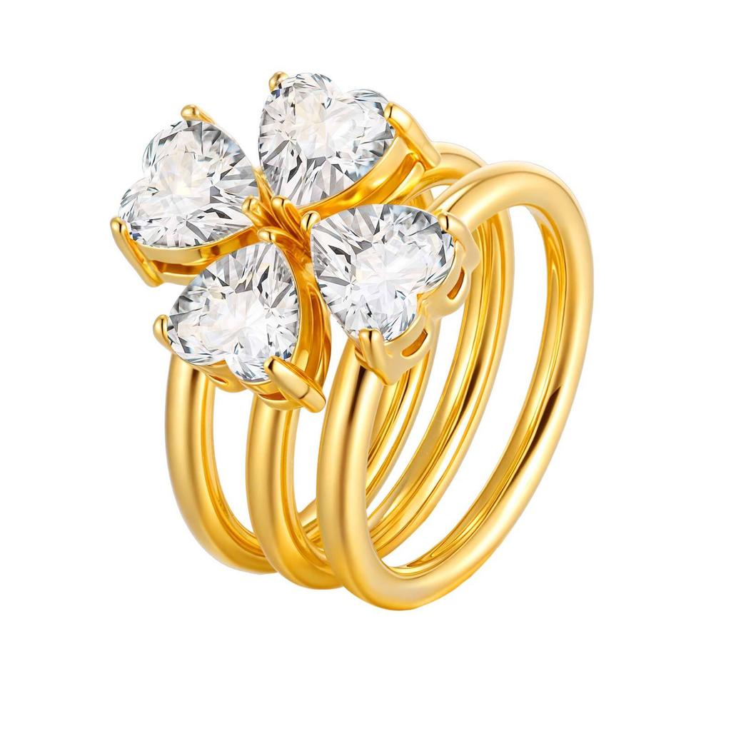 Vnox 3 Pcs Set Stackable Flower Clover Rings, Stainless Steel Heart Zircon Layering Ring Set, 2025 Autumn New Jewelry
