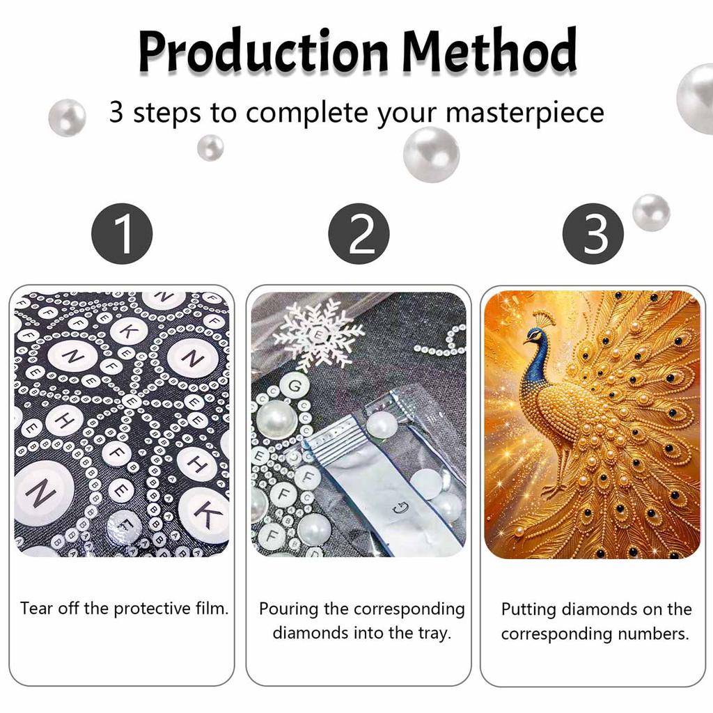 This golden peacock pearl painting kit features 5D pearls and a mosaic art style. designed for home wall decoration.