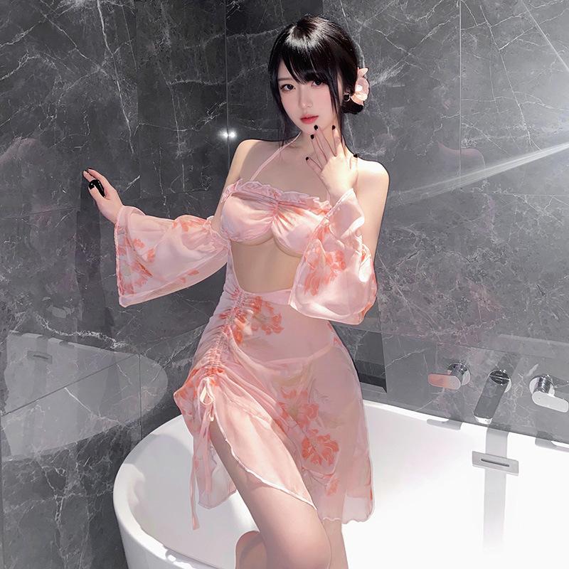 Sexy lingerie sexy pure desire perspective backless sleeve tube top print nightdress set split fork temptation
