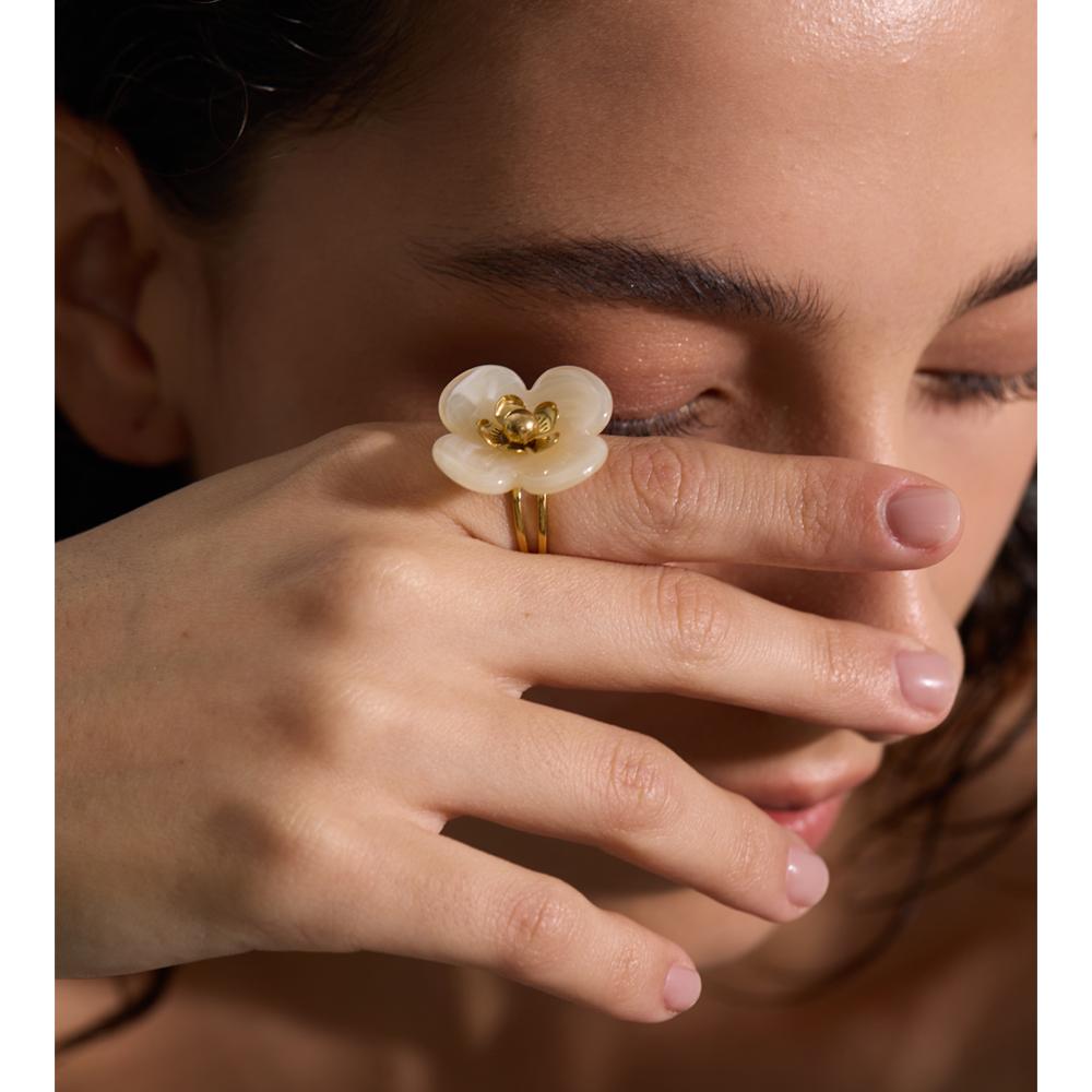 Yhpup New Y2K Stainless Steel Resin Flower Adjustable Ring 18K PVD Golden Plated Young Fashion Finger Jewelry Women Wholesale