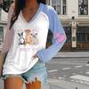 Three Puppies Print Women Tshirts Ladies Tops Long Sleeve V-neck Pullover Femme T-shirts T Shirt For Women