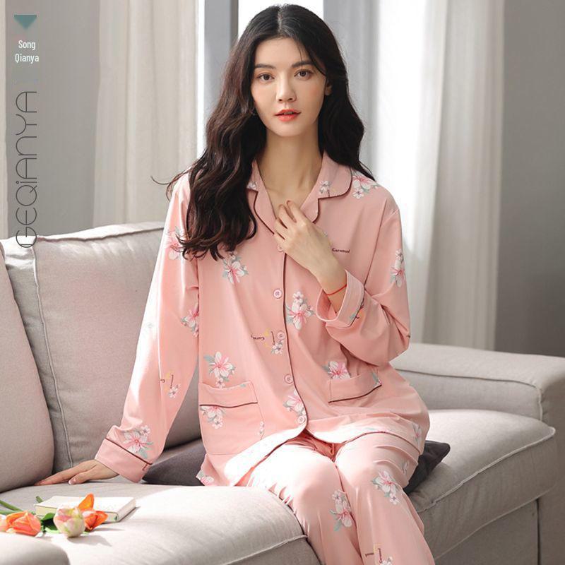 Женская пижама с длинными рукавами из 100% хлопка на весну и осень: Домашняя одежда свободного кроя для женщин среднего возраста