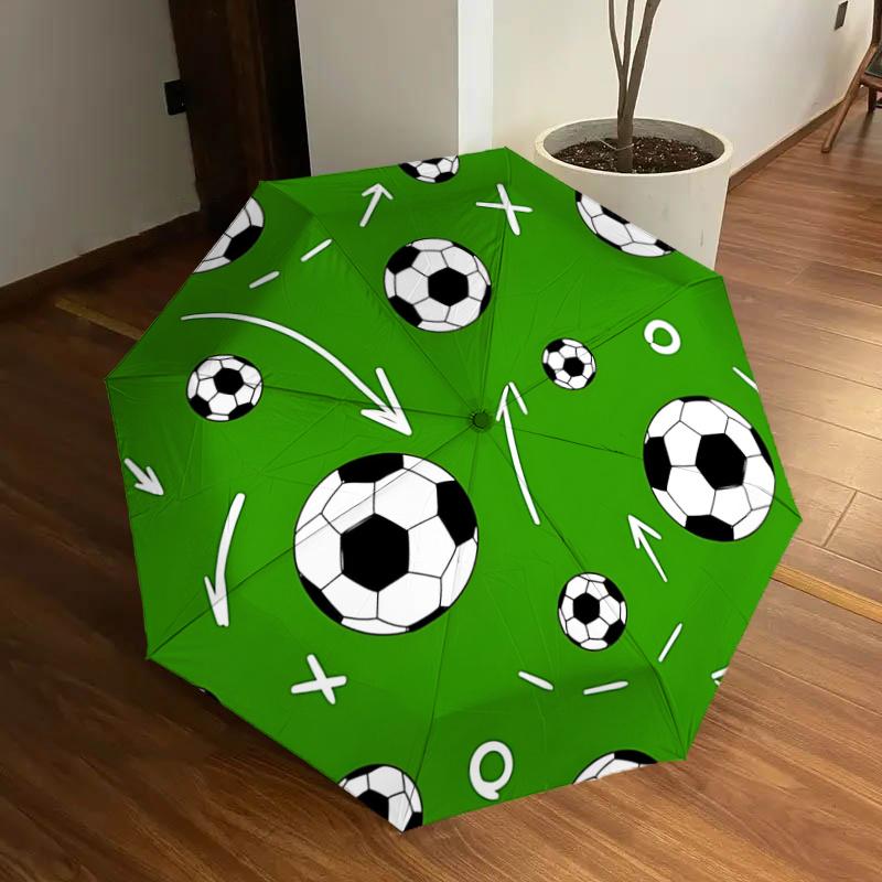 Soccer Ball Pattern Automatic Opening/Closing Umbrella - Portable Tri-Fold Design with 8-Bone Iron Frame - Outdoor Rain Gear for Fans, Trave
