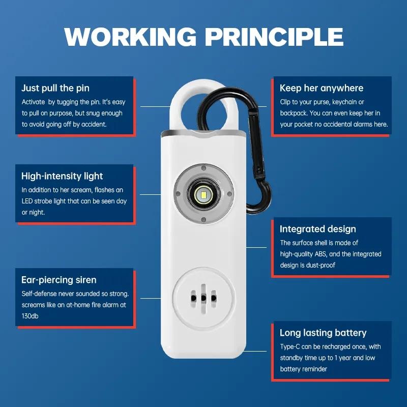 Брелок для самообороны 130 дБ SOS светодиодный фонарик Антиатака Личная охранная сигнализация Инструменты самообороны Женская охранная сигнализация