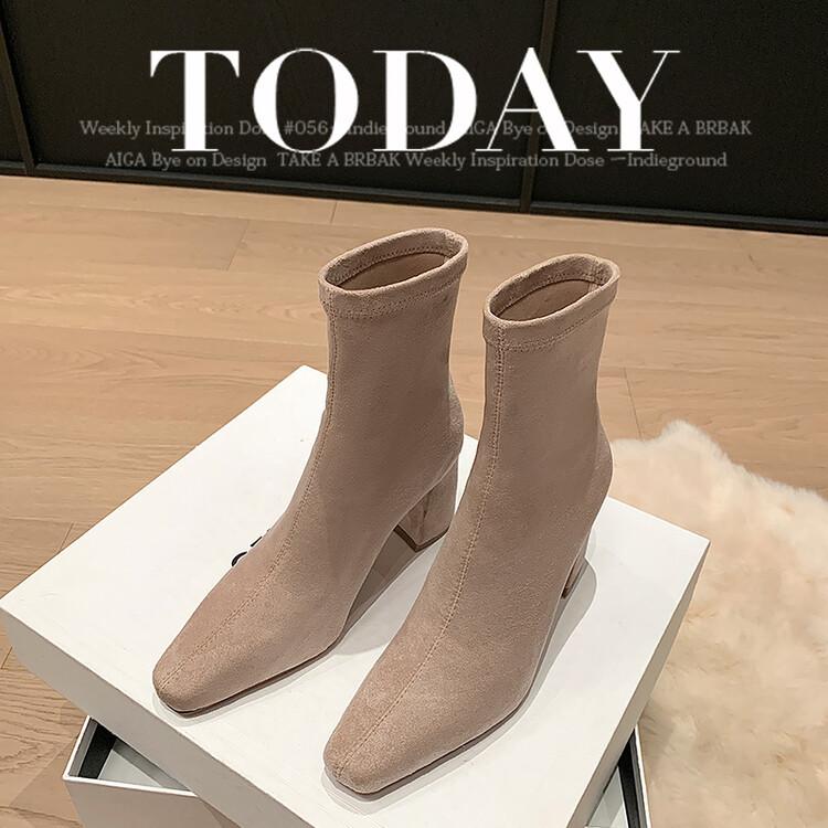 Intellectual elegance commuter high heel thin boots 2025 autumn and winter new small square head side zipper elastic bag legs short boots women