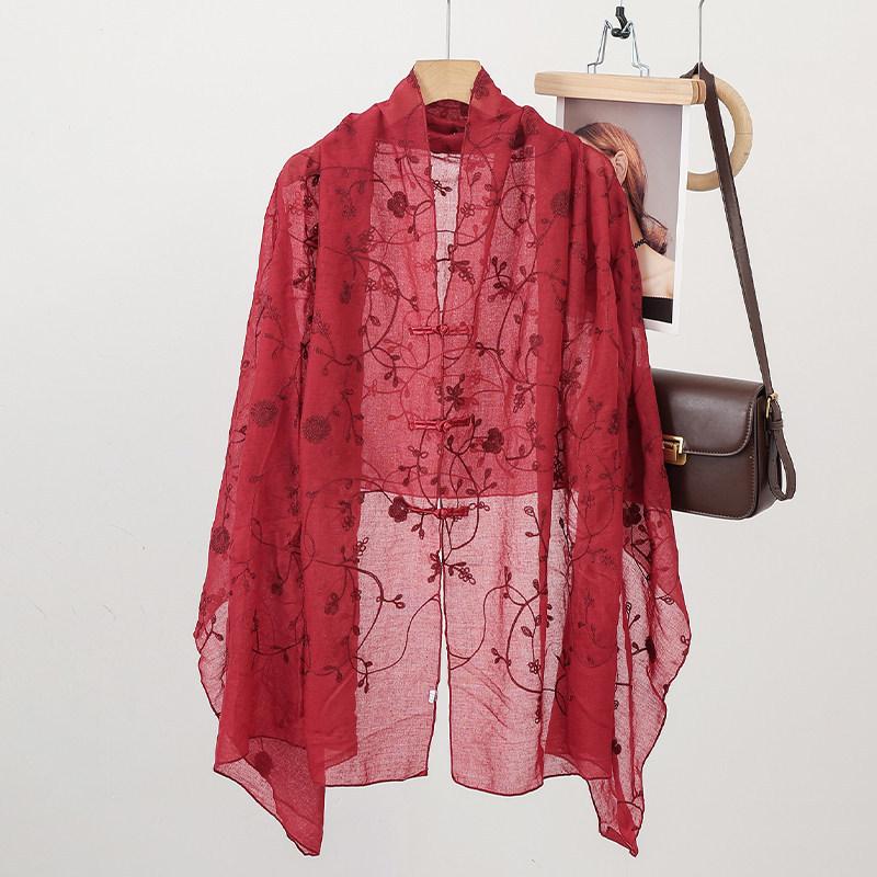 New Chinese ethnic style embroidered flower shawl antique buckle cardigan loose long women's cotton and linen travel scarf